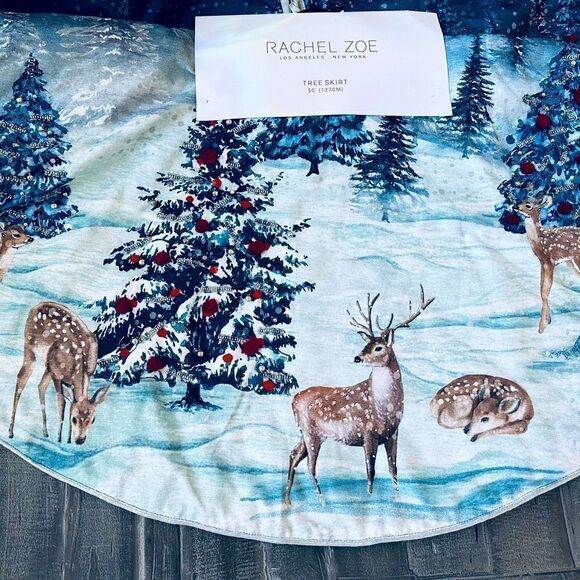 Christmas Tree Skirt Rachel Zoe Beaded Winter Forest Deer Reindeer - Picture 1 of 5